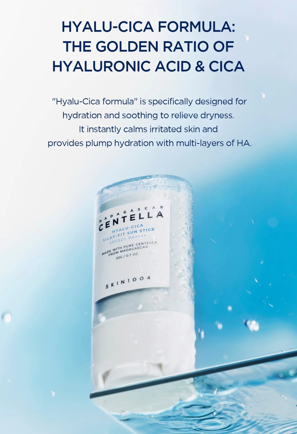 SKIN1004 MADAGASCAR CENTELLA HYALU-CICA Barra solar de ajuste sedoso SPF50+ PA++++ 20 g / 0,7 oz.